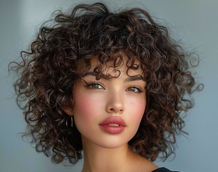 Frontal curly hairstyle with short bangs Frontal curly hairstyle