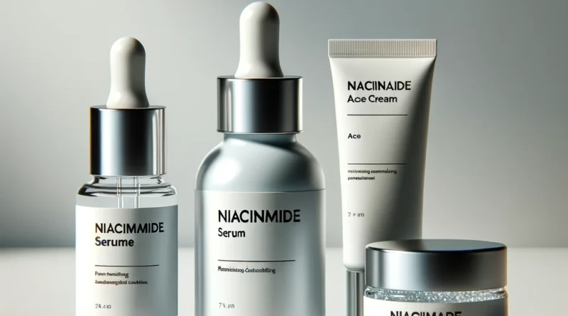 Niacinamide serum bottle with acne-free skin illustration