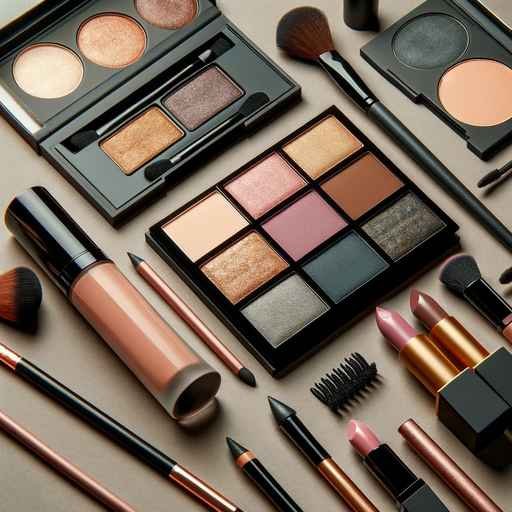 Assortment of bold makeup products, including eyeshadow, eyeliner, lipstick, and highlighter.