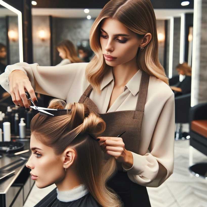Hairdresser crafting a butterfly haircut on a client