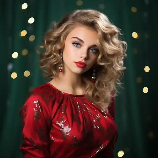Festive Holiday Hairstyles:
European blond girl with Hollywood curls in a red dress in sequins on a green background
