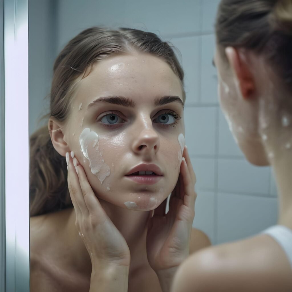 Person examining oily skin with skincare products for oily skin