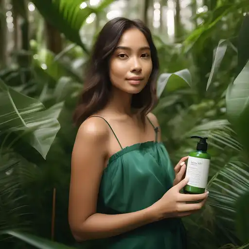 Person holding a natural skincare product in a lush environment, symbolizing natural beauty.