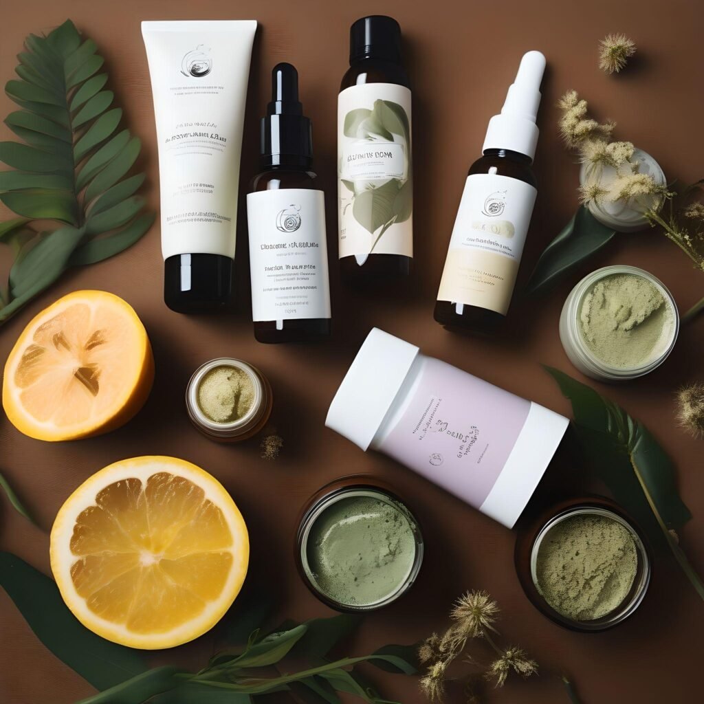 Natural skincare products amidst a serene, green backdrop.