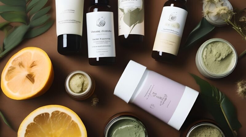 Natural skincare products amidst a serene, green backdrop.