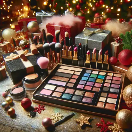 Assortment of holiday makeup products with a festive background.